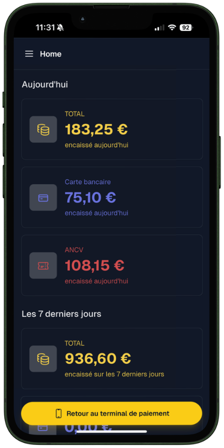 Tableau de bord ClapClap avec les encaissements du jour