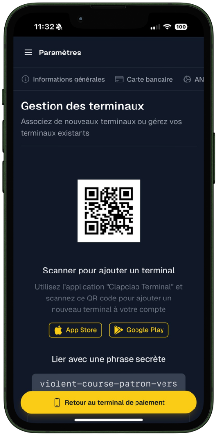 Gestion des terminaux ClapClap : ajout par QR code ou phrase secrète
