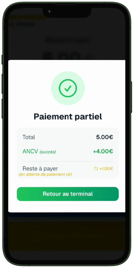 Paiement partiel ClapClap : 4€ encaissés en ANCV, 1€ restant en attente de paiement carte bancaire