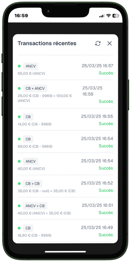 Historique des transactions ClapClap : CB, ANCV et paiements mixtes